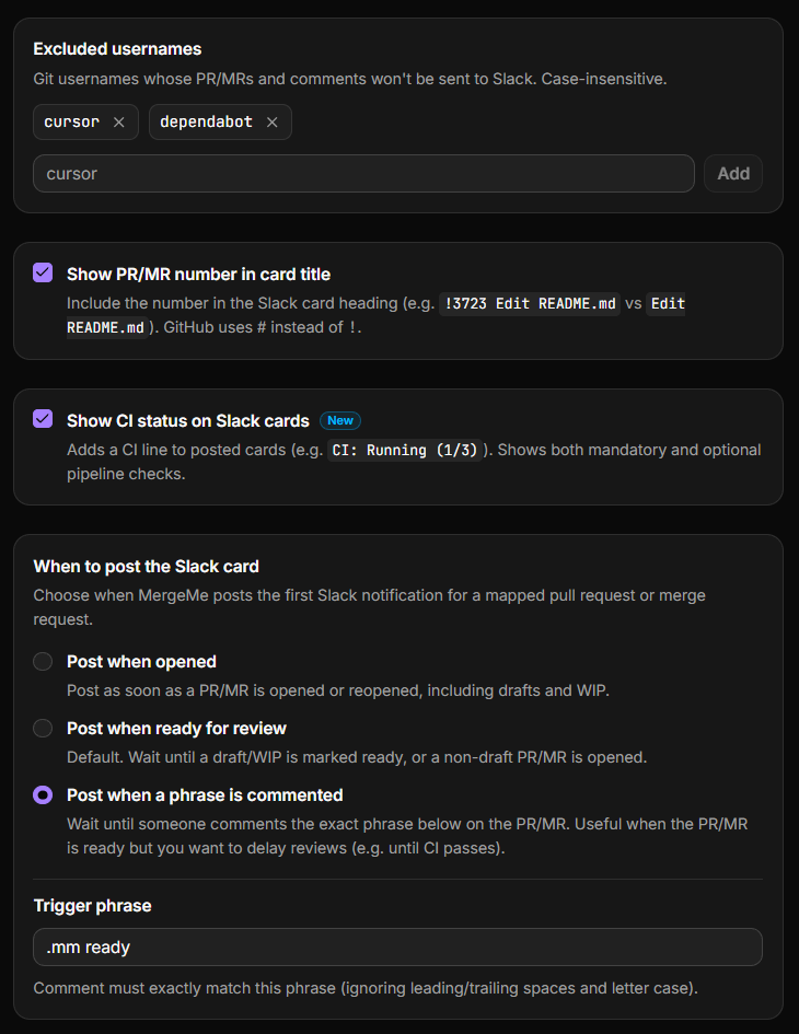 MergeMe notification preferences for excluded usernames, card title, CI toggle, and when to post