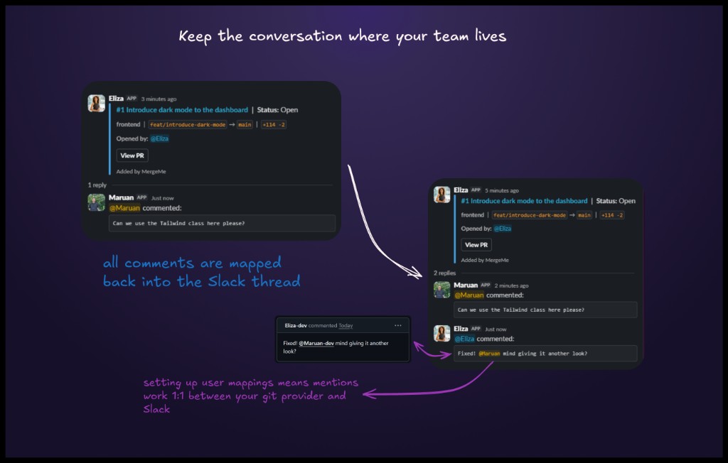 MergeMe keeps PR and MR review comments in the same Slack thread with mention mapping