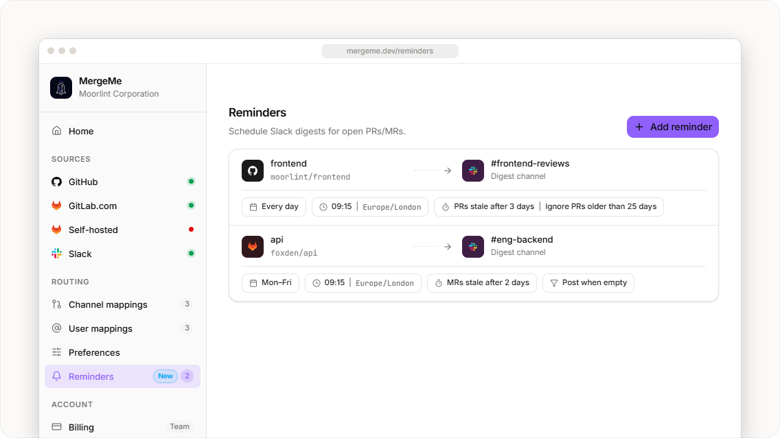 MergeMe reminders page with a GitHub repo digest to frontend-reviews and a GitLab project digest to eng-backend