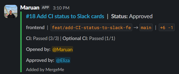 Slack PR card updated to approved status on the same message