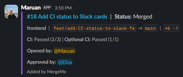Slack PR card updated to merged status without posting a new channel message