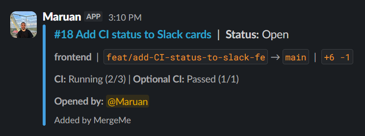 Slack PR card showing open status with branch names and diff stats